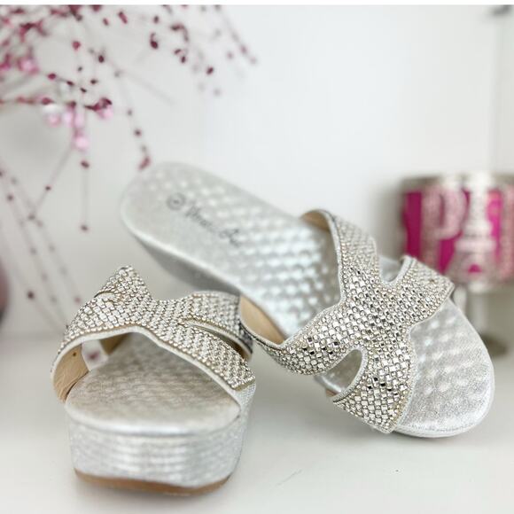 Verano Rio Rhinestone Embellished Platform Wedge Heel Slide Sandal Silver Size 8 - Picture 1 of 13